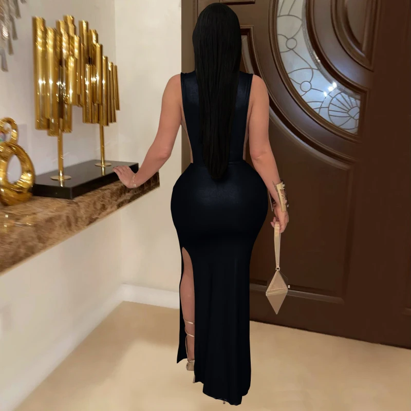 Abito maxi aderente da donna sexy senza maniche con collo alto Abito elegante da club party con nastro laterale con spacco alto e scollato