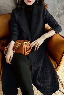 Black mid-length lapel cardigan