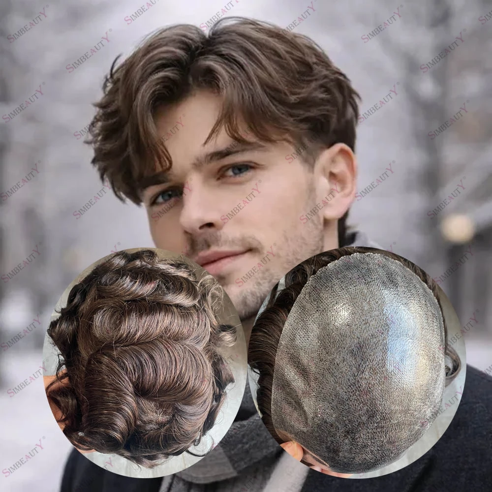 

Мужской натуральный волнистый парик из 100% человеческих волос на полной кожаной основе, коричневый, для мужчин с облысением, европейский тип, толщина 0.1-0.12 мм