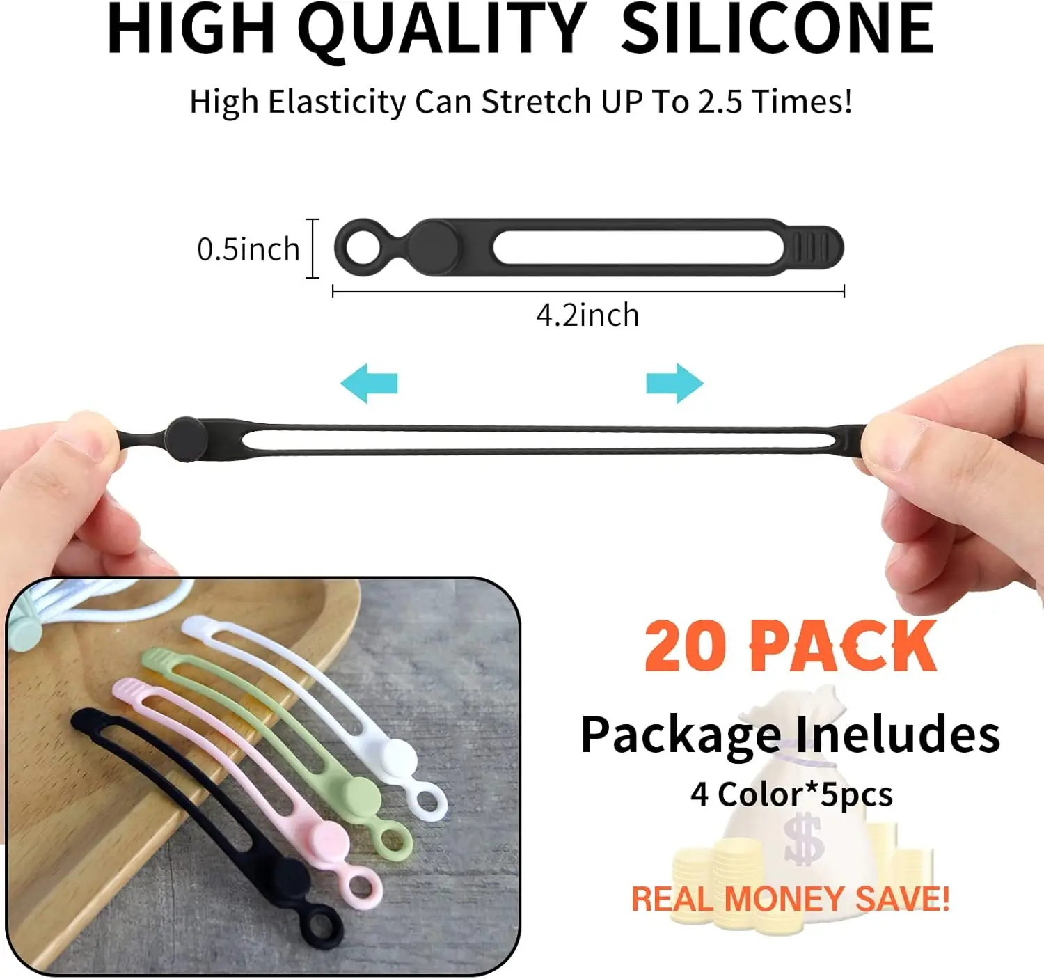 Reusable Silicone Cable Ties, 20PCS Multipurpose Elastic Cord Organizer for Bundling Fastening Cables and Wires