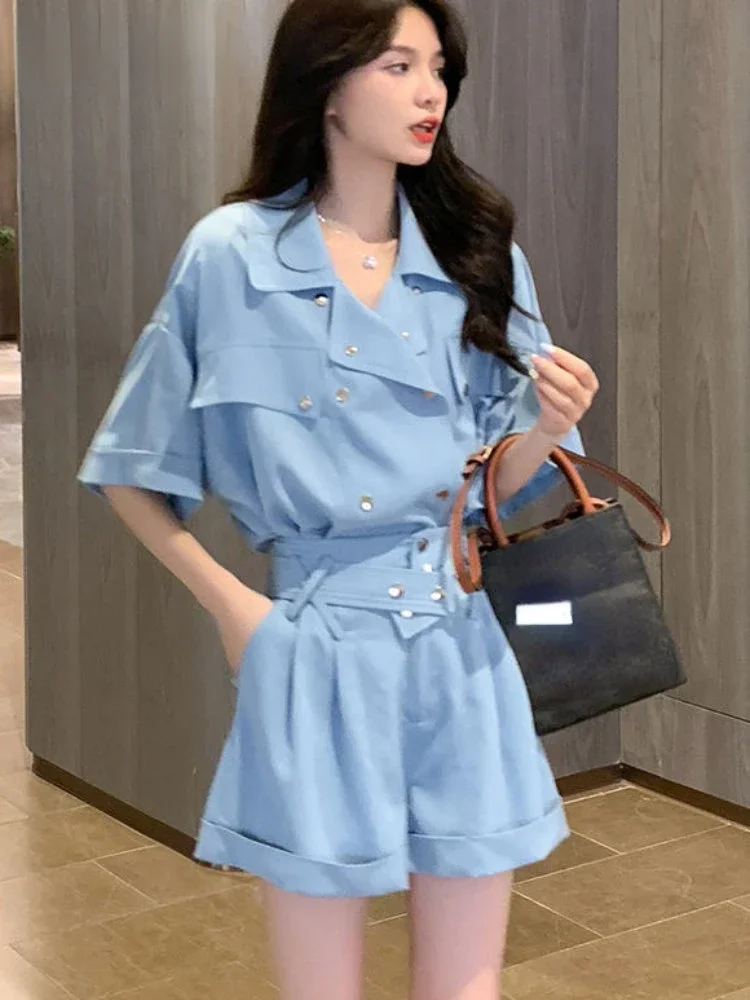 

Women's Summer Fashion Suit New Matching Shorts Sets Chic and Elegant Short Sleeve Hight Waist Thin Wide-leg Shorts 2 Piece Set