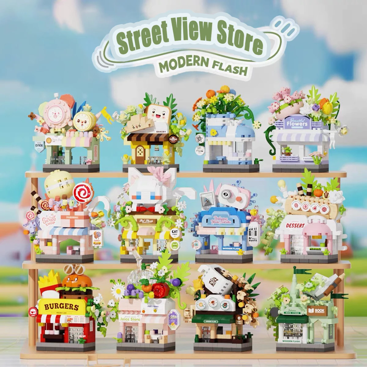 MOC City Mini Street View Store Model Micro Building Blocks Flower Shop Bakery Ice Cream Cart Fast Food Bricks Toys Kids Gift