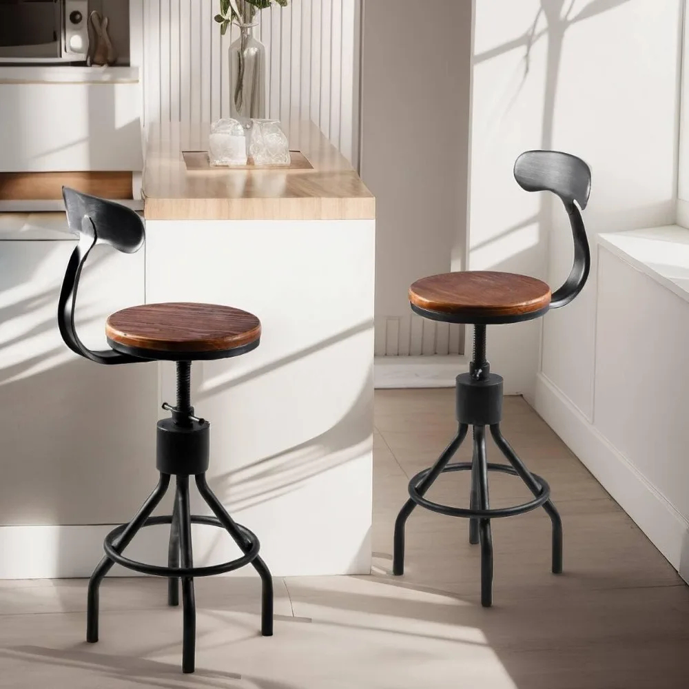 Taburete de bar ajustable vintage industrial con base de hierro fundido, altura de mostrador de cocina, silla giratoria con respaldo