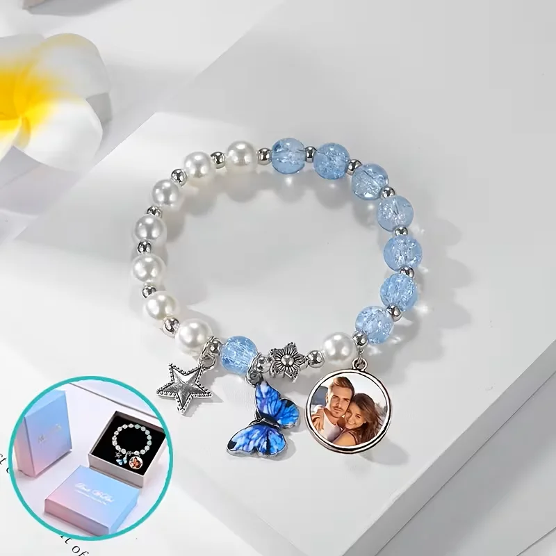 Personalised Women's Photo Bracelet, with Butterfly Blessing Beads, Personalised Valentine's Gift