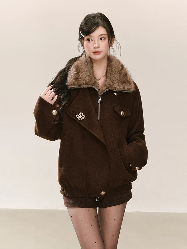 

Ele Woolen Coat Women's Winter Faion Collar Jaet Camere Outerwear down Filled Coat American Sle Loose Fit