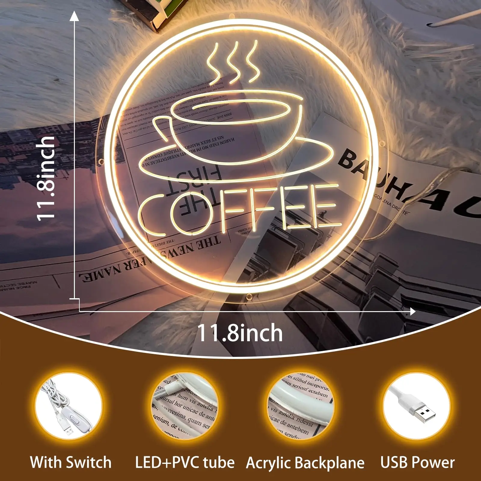 Coffee Cup Neon Sign USB 3D Engrave Art LED Neon Lights with 3D Art for Business, Café, Restaurant, Hotel