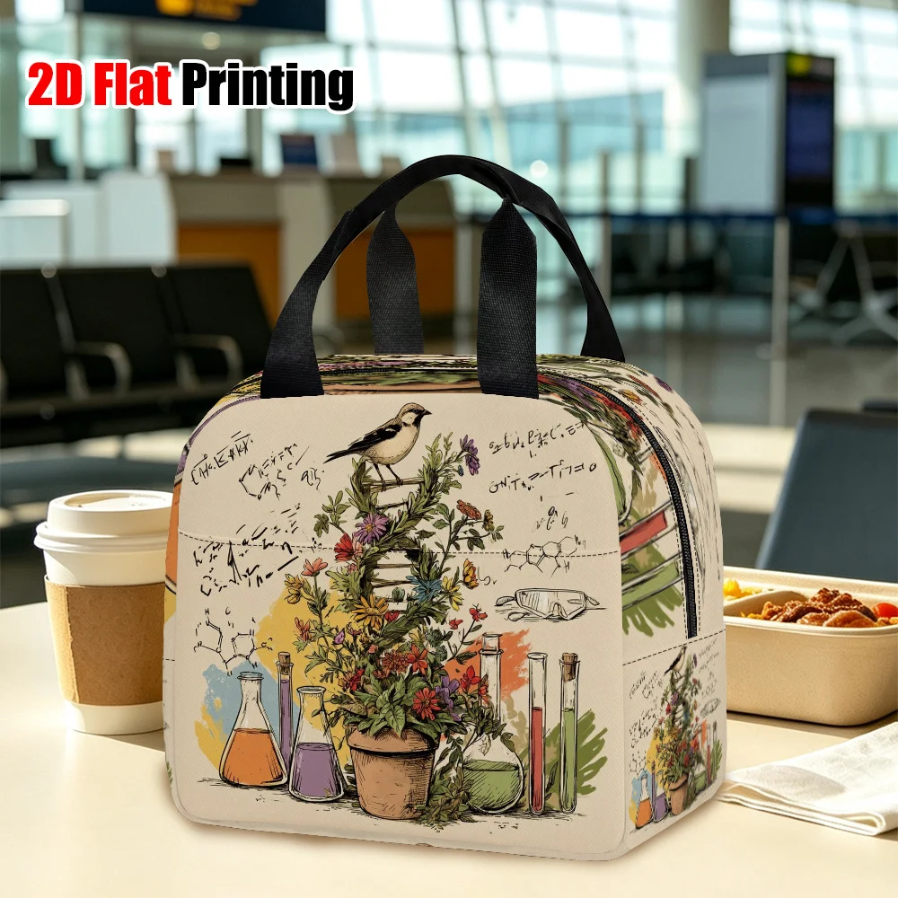 2D Flat, 1pc Insulated Lunch Bag, Floral DNA Science Pattern, Non-Food Contact, Large Capacity Reusable Lunch Tote