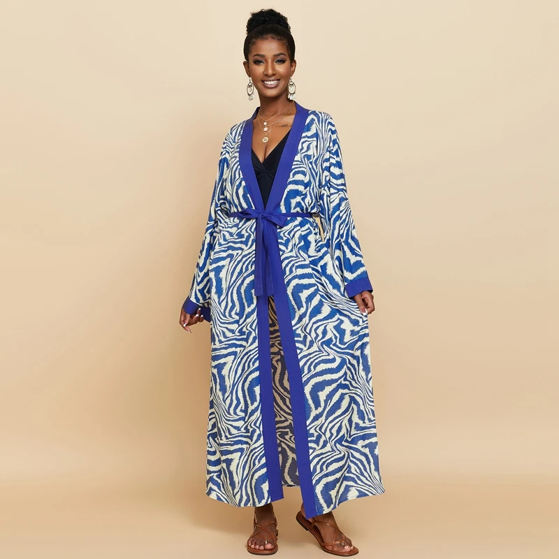 

Zebra Striped Print Kimono Rayon Women Luxury Belt Coat Royal Dubai Ankle Length Robe Summer Beach CoverUps Resortwear Cardigans