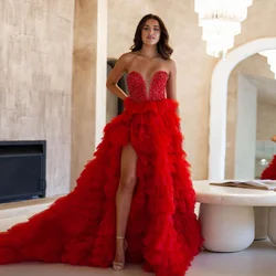 Red Strapless Split Long Prom Dresses Puffy Ruffles Layered Tulle A-line Formal Party Dress Bridal Gowns