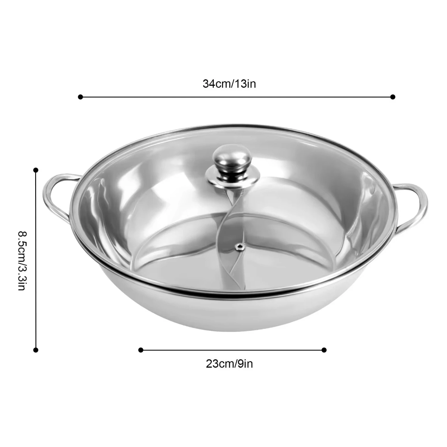 34cm Hot Pot W/ Divider Shabu Shabu Pot & Glass Lid Stainless Steel Hot Pot