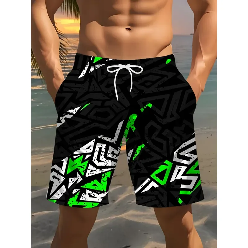 Men's 3D Geometric Print Beach Shorts Casual Polyester Drawstring Waist Lightweight Summer Swim Trunks for Golf Fishing