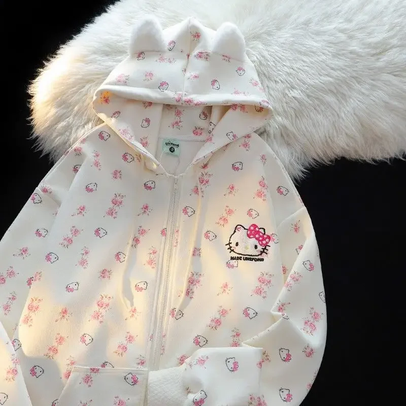 Sanrio Hello Kitty 100% Heavyweight Cotton 2024 Spring Fall New Kitty Floral Loose Cardigan Hooded Thin Sweater Jacket Female