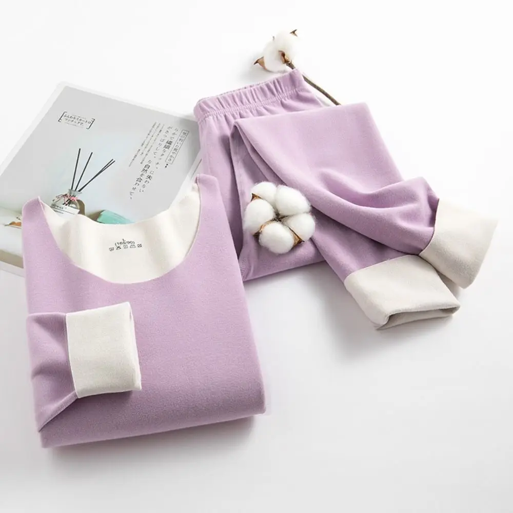 

Soft Warm Pants Nylon O-Neck Solid Color Women Thermal Underwear Elastic Underwear Long Johns Set Korean Style Sleepwear