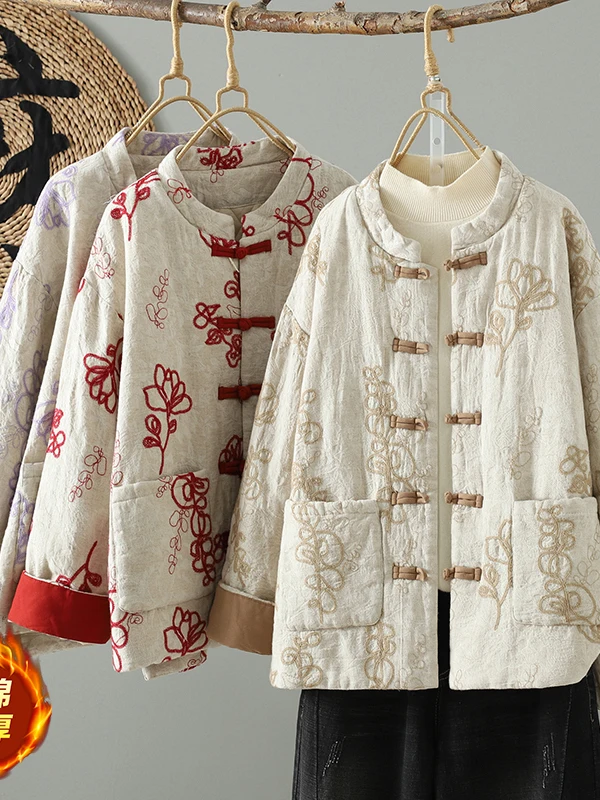 Neue Chinesische Sle Thiened 3D Stickerei frauen Jaet Winter Vintage Hochwertige Kleine Stehkragen Baumwolle Mantel