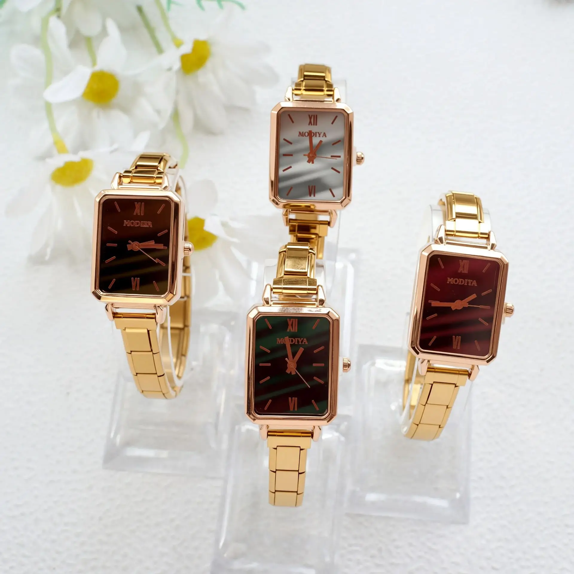 European Fashion Ladies Modular Bangle Watch Rectangular Gradient Dial Quartz Wristwatch All‑match Metal Bracelet Wrist Watch