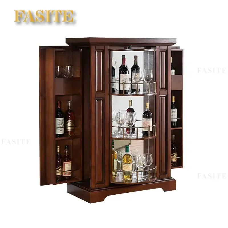 Retro bar Wooden Wine Cabinet, 360-degree Rotating Display case for the Living Room, Multi-functional Cabinet, Hotel