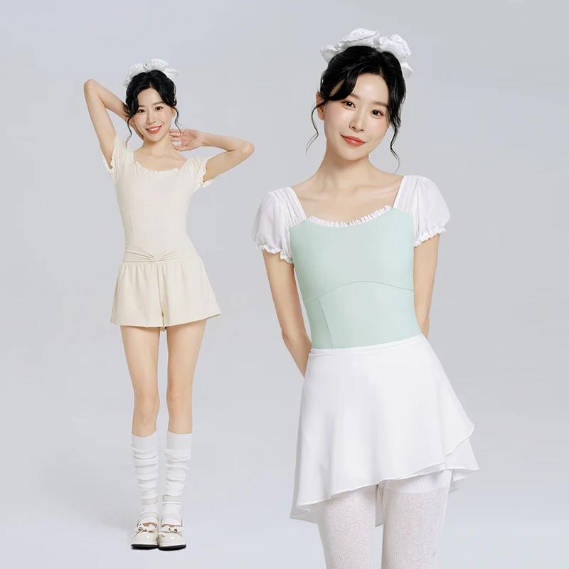 Ivoogle المرأة ساحة طوق نفخة الأكمام رداء رقص الباليه الكبار شبكة الربط الجمباز ارتداءها Dancewear