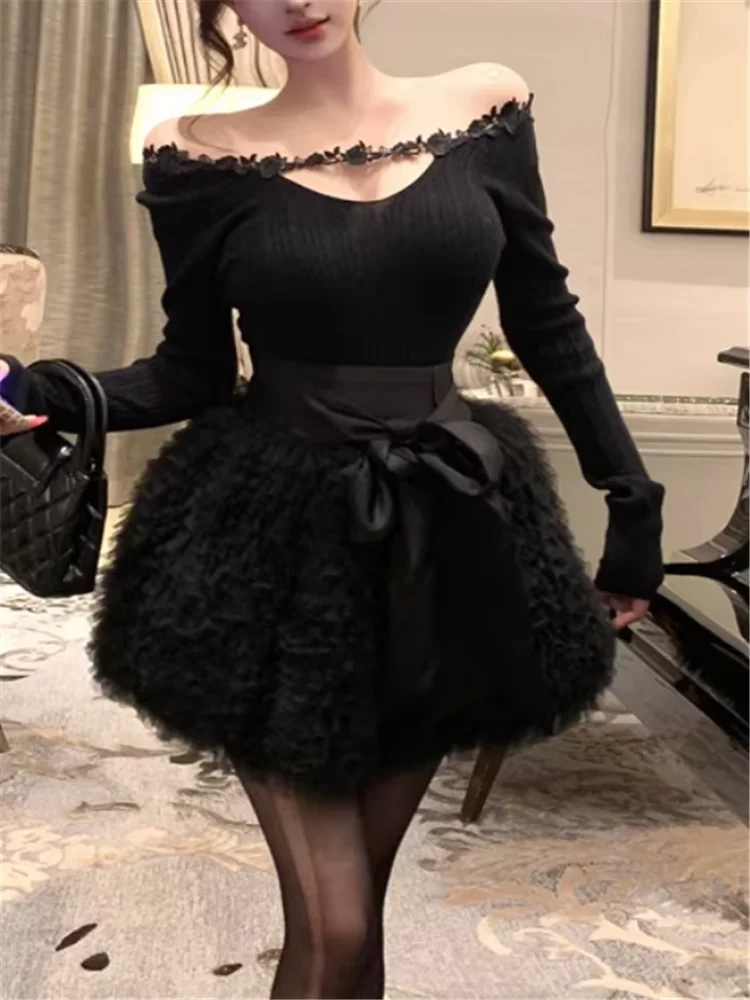 

Готический панк винтажный черный комплект из двух предметов с разрезом на шее, сексуальная полая вязаная футболка, топ с высокой талией и бантом, пышная юбка, маленькое бальное платье