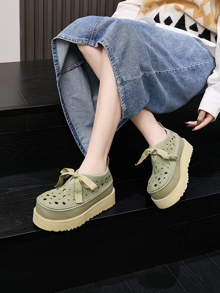 Summer New Womens Fashion Hollow Out Genuine Leather Breathable Female Comfortable Thick Platform Ladies Height Increase Shoes