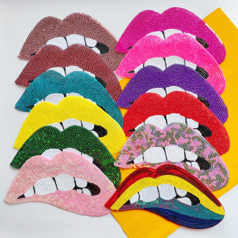 Embroidery Big Sequined Mouth Patch,embroidered Leopard Lips Appliques Badges,sequins Patches for Clothing PW227283