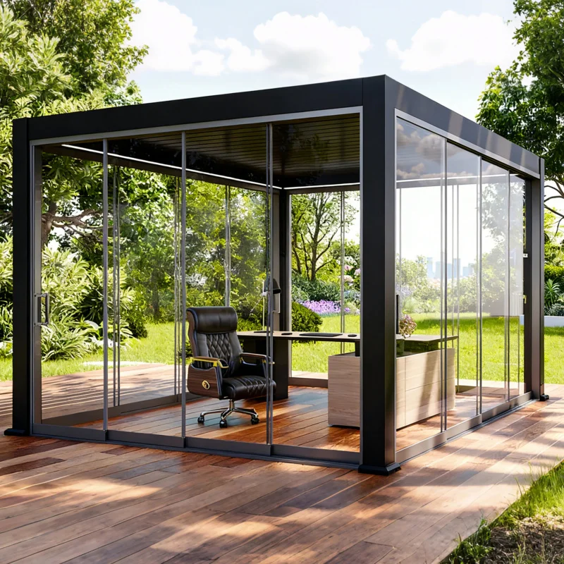 Pergola extérieure moderne en aluminium avec porte coulissante en verre sans cadre, balcon, terrasse, résistance aux intempéries durable