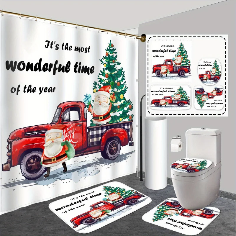 Christmas Cheer 4pcs Bathroom Set: Santa & Tree Shower Curtain with Hooks, Non-Slip Rug, U-Shape Mat, and Lid Cover - Festive Ho