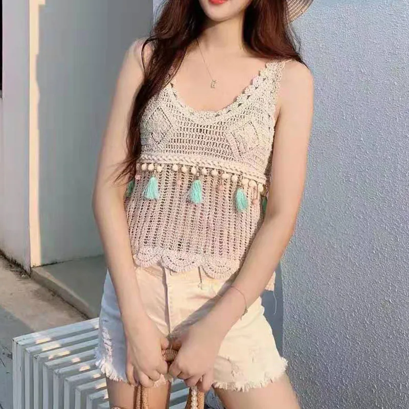 Fringed Crochet Tank Top for Women Sleeveless Crop Top Cover Up with Tassel Knitwear Boho Vacation Bohemian Summer Outfit