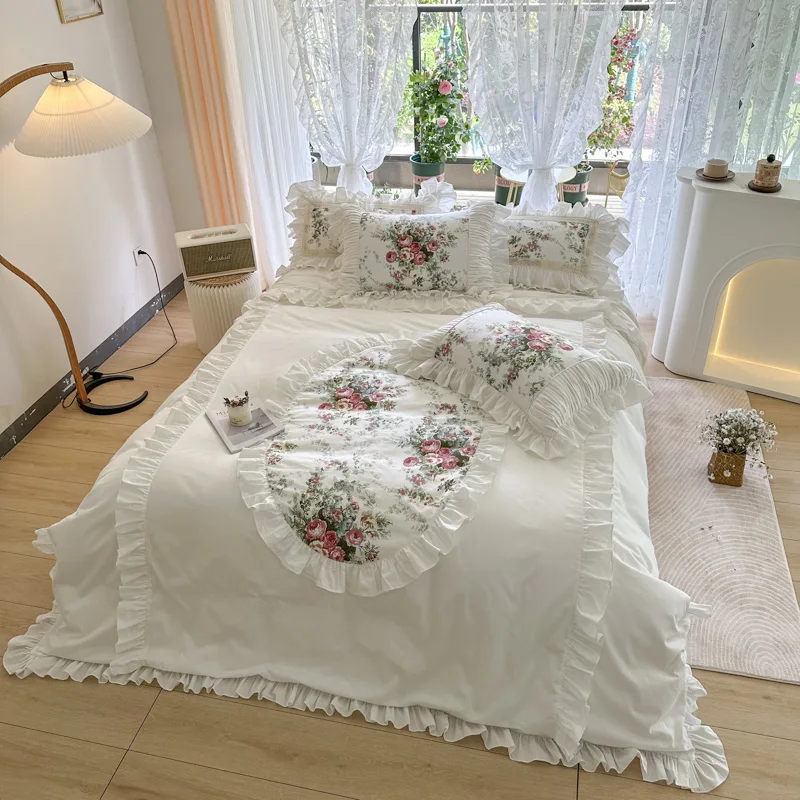 Romantic Wedding Rose Printing Bedding Set Cotton White Ruffle Lace Princess Duvet Cover Bedspread Bed Skirt Sheet Pillowcases