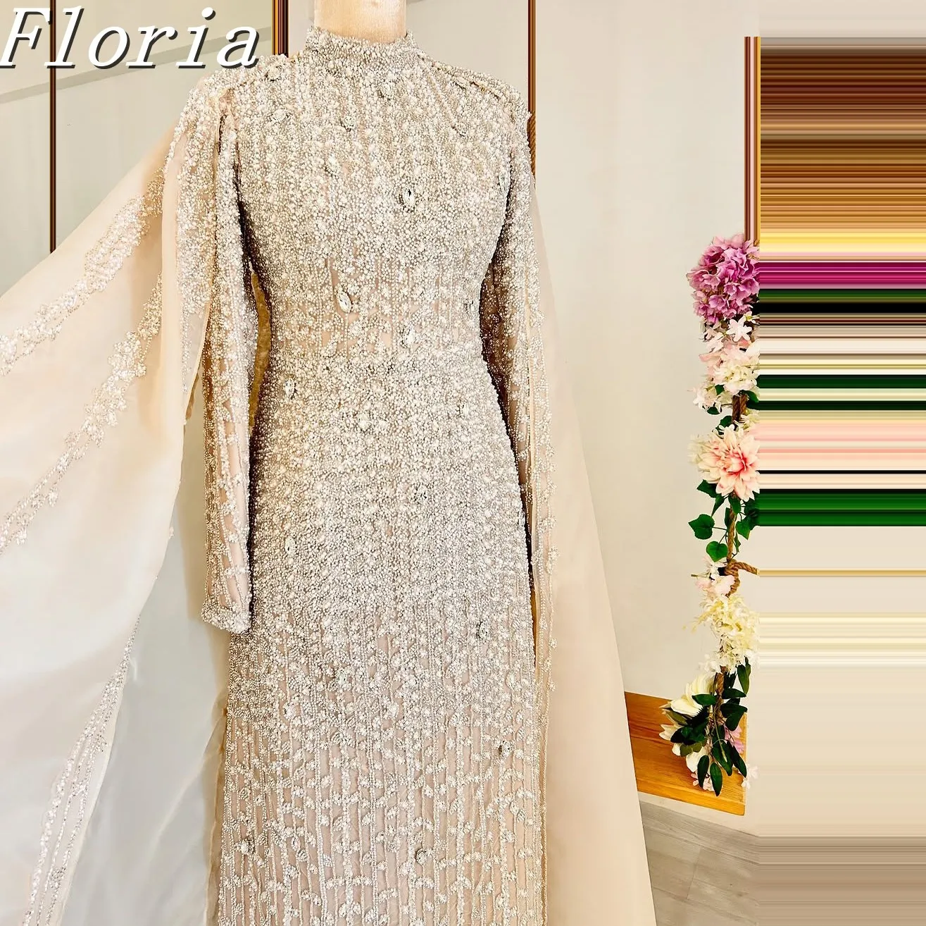 Мусульманское длинное вечернее платье цвета шампанского с короткими рукавами, элегантное бальное платье трапециевидной формы с высоким воротом и бисером, вечернее платье