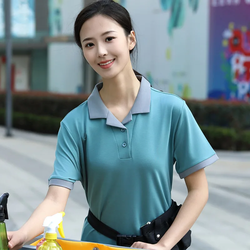 Krótki rękaw, uniform roboczy do zarządzania nieruchomościami, sprzątania, czyszczenia pokoi hotelowych, pracownika domu gościnnego, letni, cienki, do sprzątania.