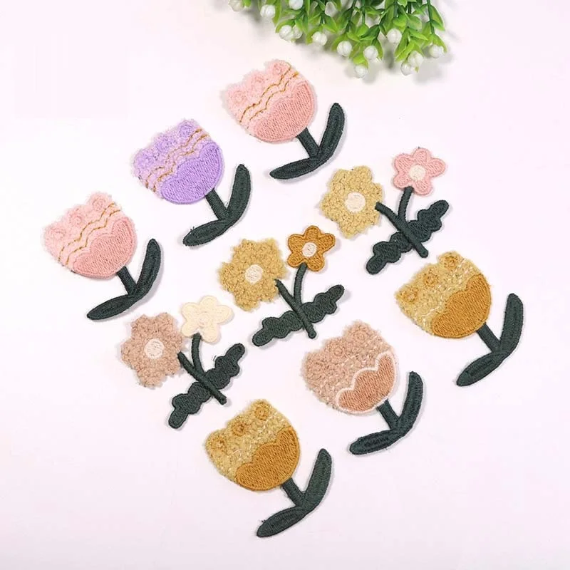 10PCS Hand Embroidery DIY Embroidery Stickers Selected Patch Stickers Pattern Stickers Tulips Colourful Woolen Flower Embroidery