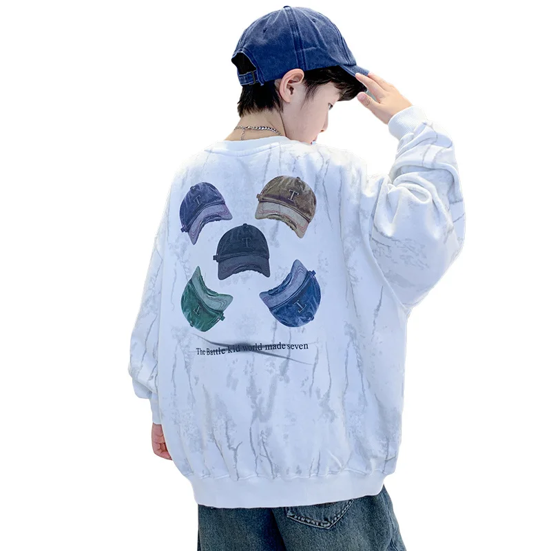 

Korean Child Cap Print Sweatshirts Clothing for Boys Fashion New Spring Outfit T-shirt Kids Teenager Cotton Pullover Tee Tops