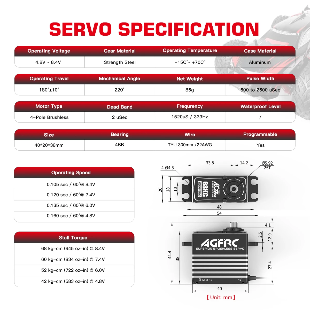 AGFRC Programmable Servo A81FHS 68KG Monster Torque Digital Brushless RC Servo for 1/5 1/8 1/10 Scale Rock Crawler Buggy Truck