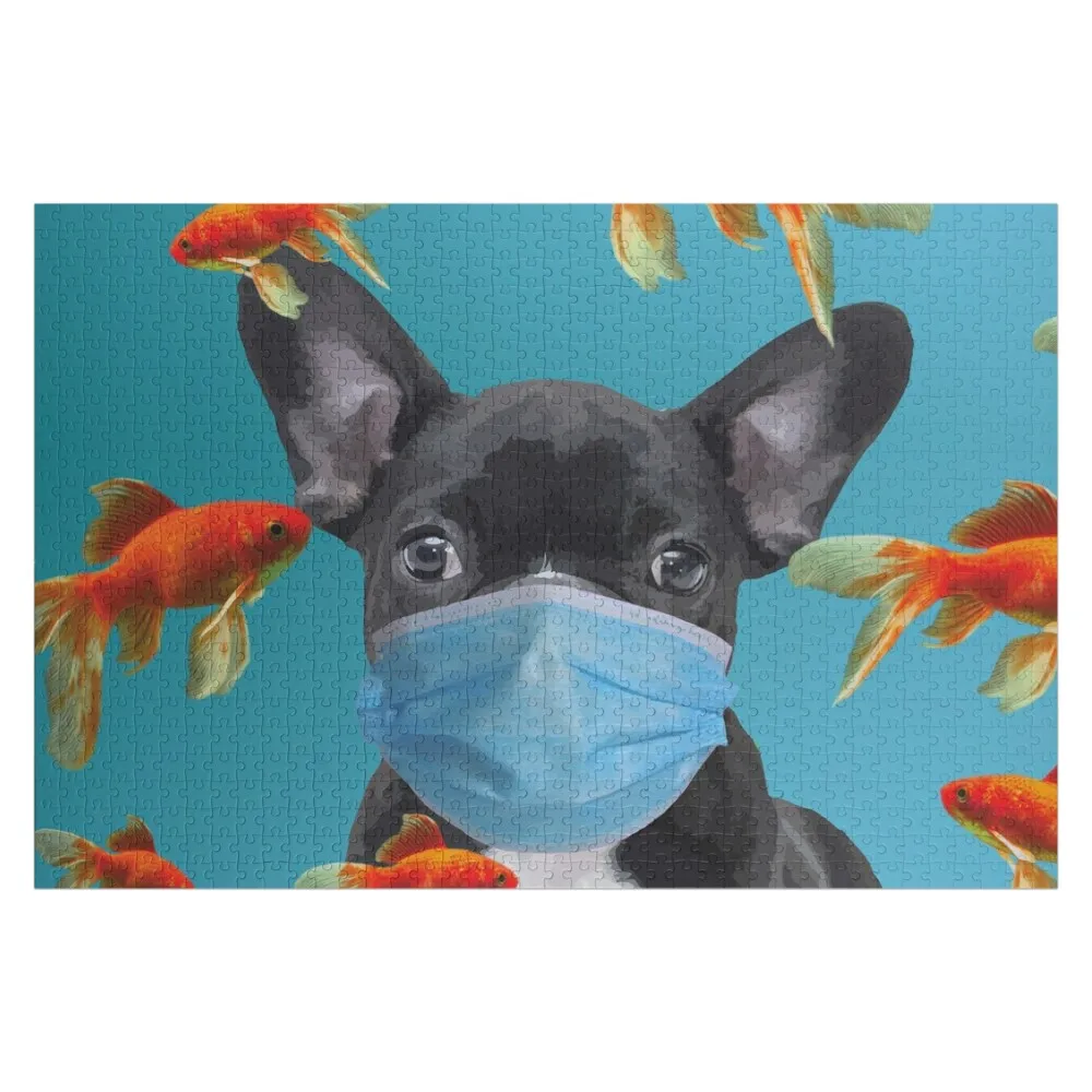French Bulldog with mask and goldfishes Jigsaw Puzzle Custom Child Wooden Decor Paintings Customizable Gift Wood Animals Puzzle