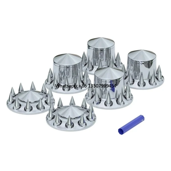 

Chrome Hub Cover Kit 33mm Front & Rear Semi Truck Wheel Axle Covers Spiked