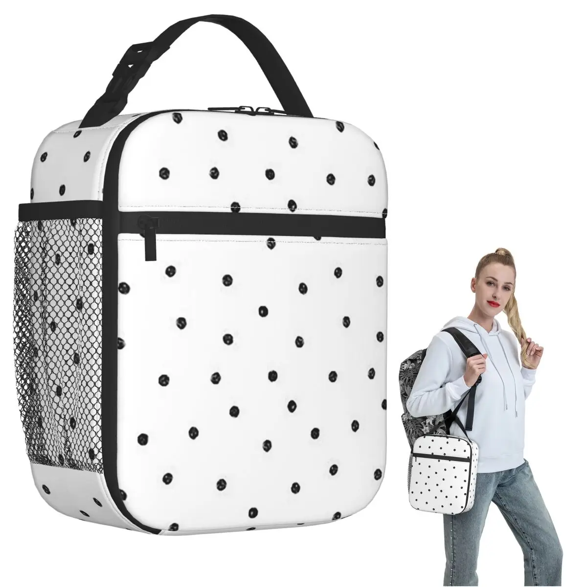 

Black White Polka Dot Insulated Lunch Bag for Women Kids Leakproof Food Boxes Thermal Lunch Box Tote