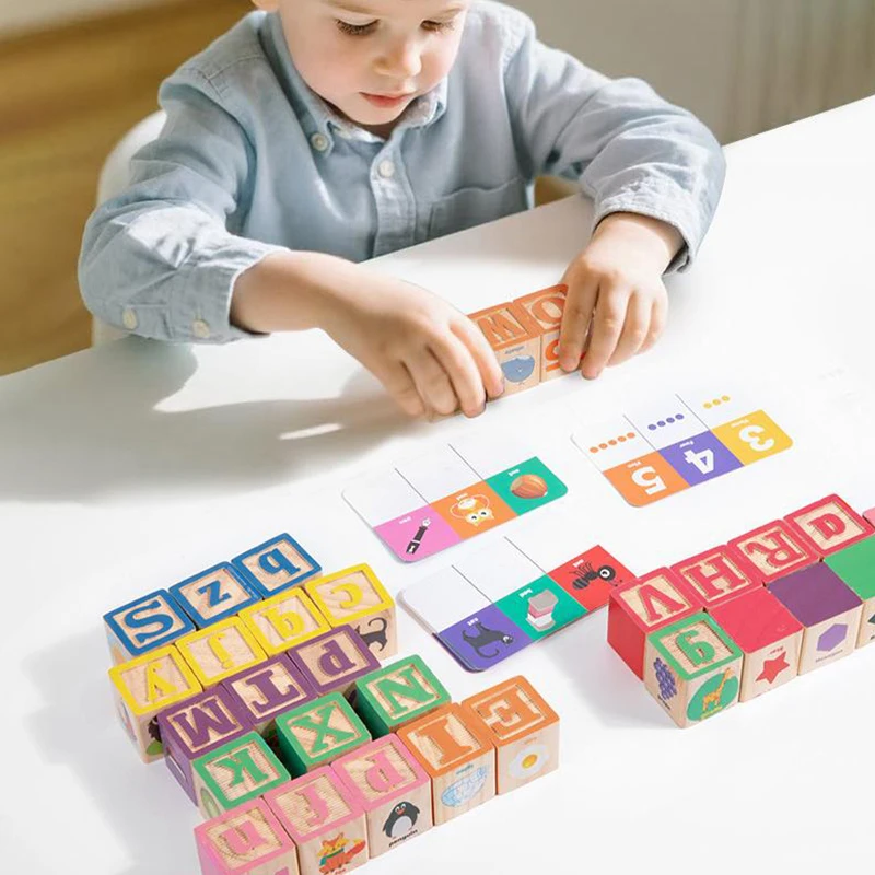 Blocchi numeri in legno Montessori Giocattoli per l'apprendimento precoce per bambini Lettere Forma Colore Cognizione animale Puzzle educativo prescolare