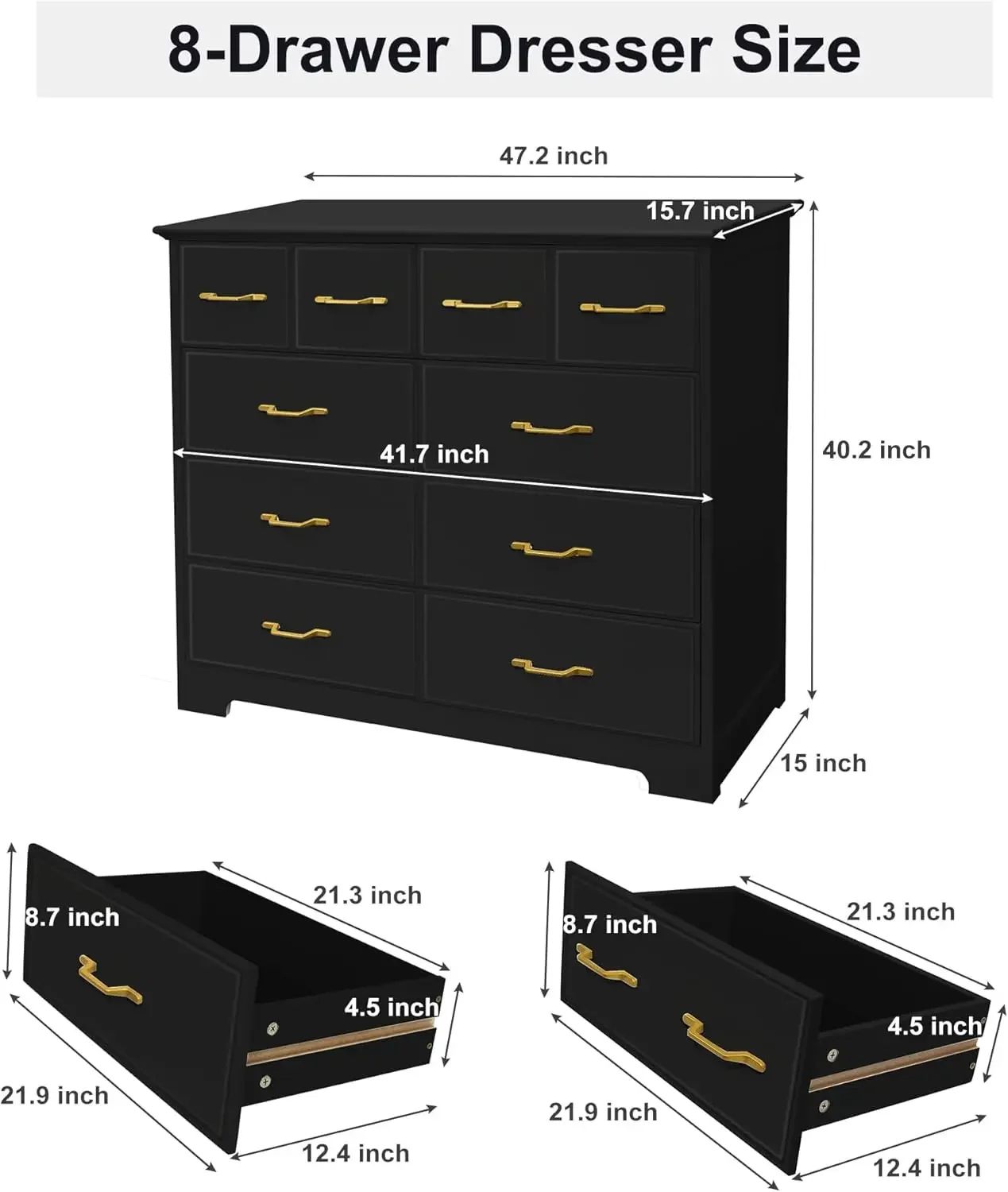 8 Drawer Dressers For Bedroom Large Black Dresser 40 Inch Wide Dresser With Gold Hardware Wooden Chest Of Drawers