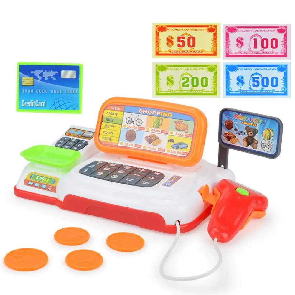 Toy Cash Register with Scanner Cash Register Toy Set with Sound Effects Play Money Credit Cards for Kids Educational for Pretend