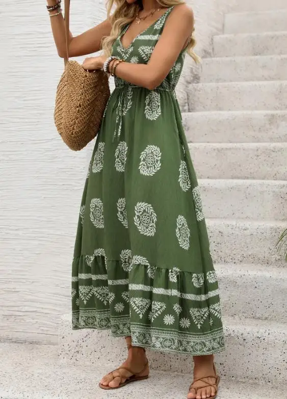 

Women Dresses 2026 New Spring Summer Retro Printed V-Neck Sleeveless Cinched Waist Backless Casual Vacation Long Dress