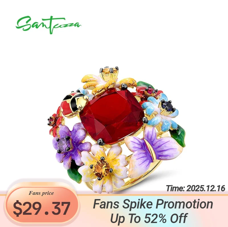 

SANTUZZA Pure 925 Sterling Silver Rings For Women Colorful Flowers Ladybug Ring Sparkling Red Stone Handmade Enamel Fine Jewelry