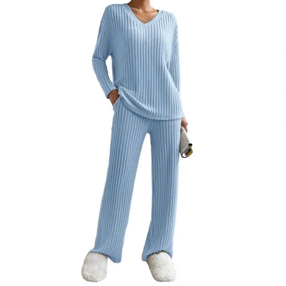 

Elastic Waistband Pajama Set Ribbed Knit Pajama Set Cozy Knitted Sweater Pants Set with V Neck Pockets for Fall Winter Homewear