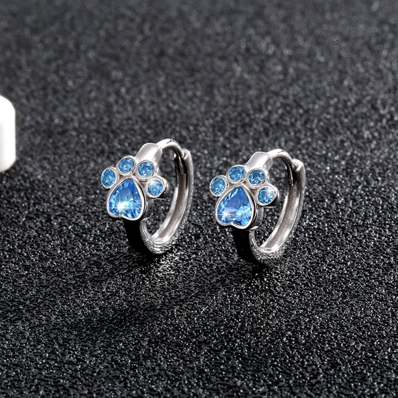 Silver Color Cat Paw Hoop Earrings Light Blue Heart Shape Round Crystal Stone Cute Girls Earrings Jewelry Festival  Party