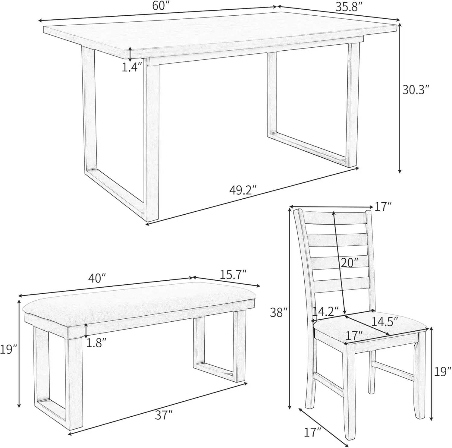 6 Piece Dining Table Set, Kitchen Table Set With Rectangular Table And 4 High Back Upholstered Dining Chairs And Tufted Bench,