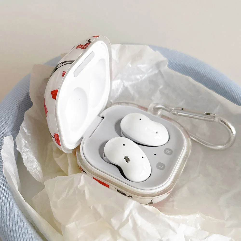 حافظة كورية باللون الأحمر الوردي لهاتف سامسونج جالاكسي Buds FE Buds 2 Pro مضادة للخدش على شكل زهرة غطاء سماعة أذن لهاتف Galaxy Buds Live 2 Pro