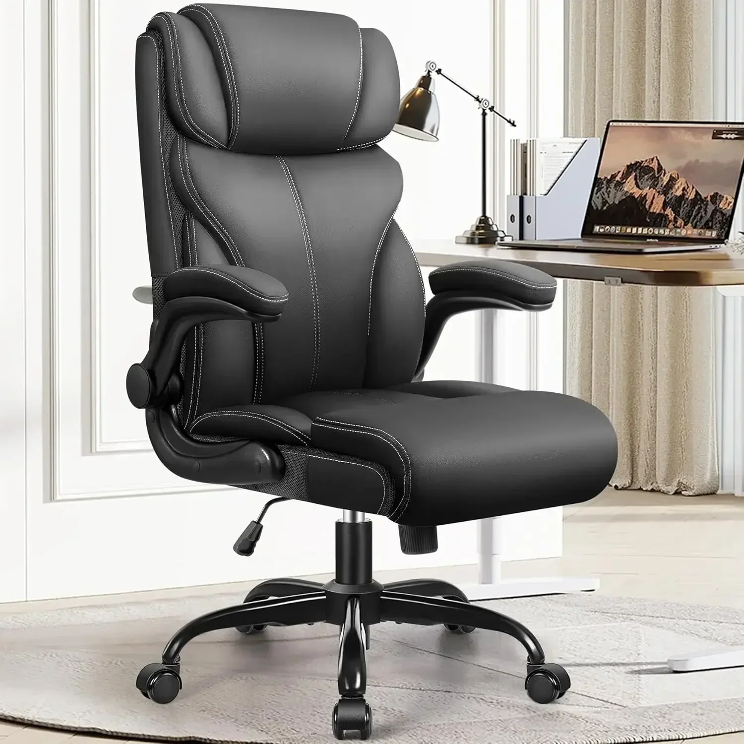 

Office Chair, Tall Computer Desk Chairs, Breathable Leather Chair with Adjustable High Back Flip-up Armrests, Rocking Function