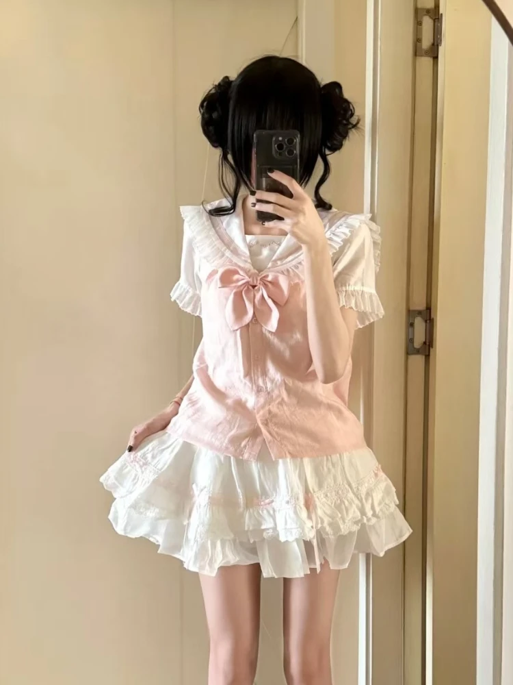 

Summer Sweet Loose Preppy Style 2-piece Set Women Design Kawaii Bow Short Sleeve Pink Tops Elastic Waist Lace Lovely Short Skirt