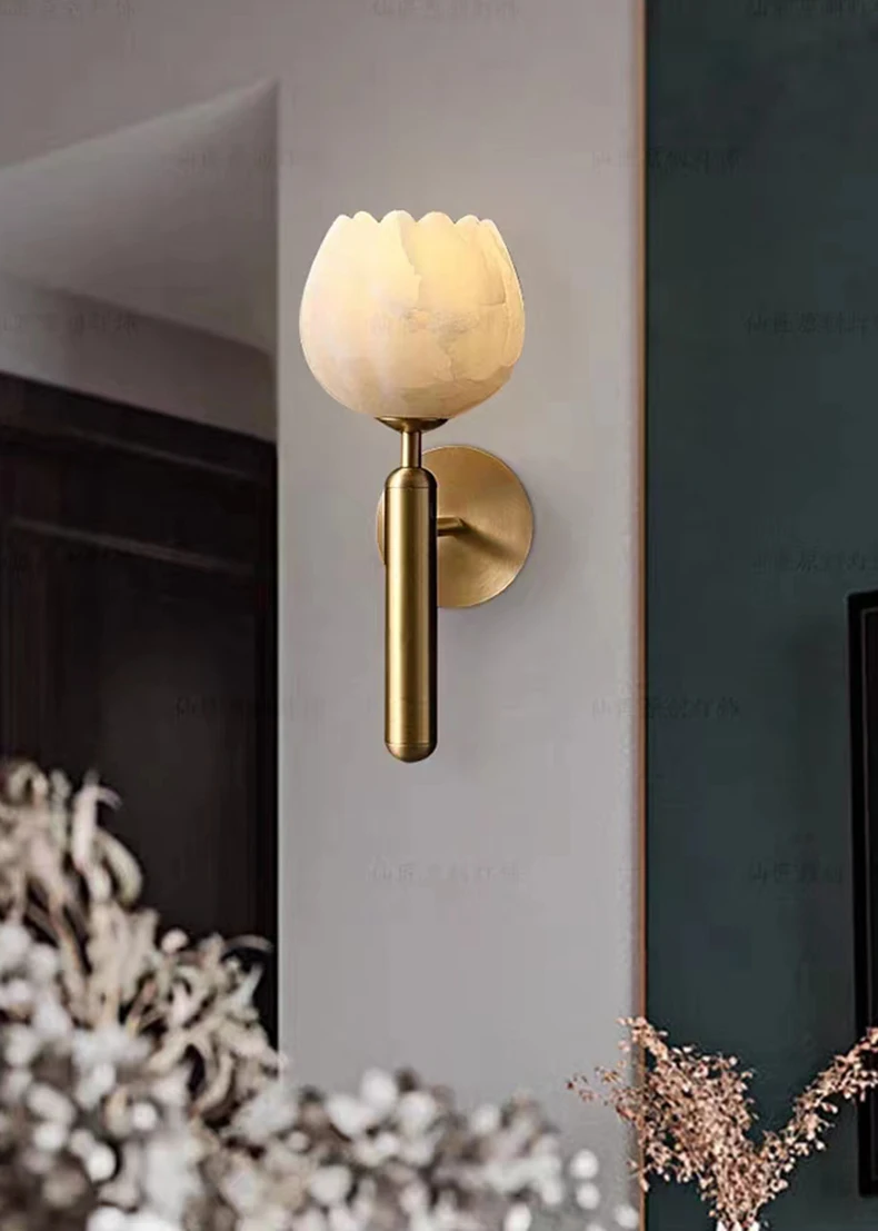 Art Natural Marble Wall Lamp Flower Shape Brass E14 Bulb