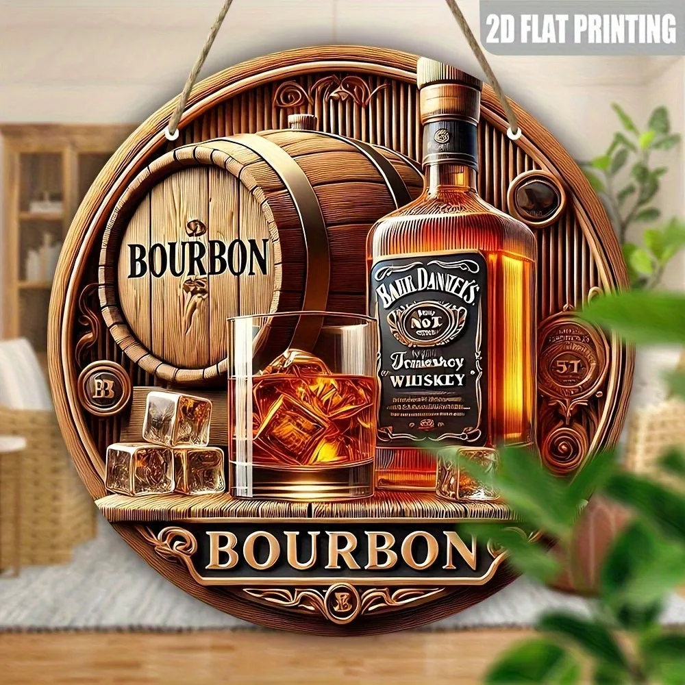 Pintura de Alta Definición sobre Tabla de Madera, Arte Mural Redondo con Temática de Bourbon, Placa Decorativa con Impresión Plana 2D de Barril de Whisky, Estilo Vintage