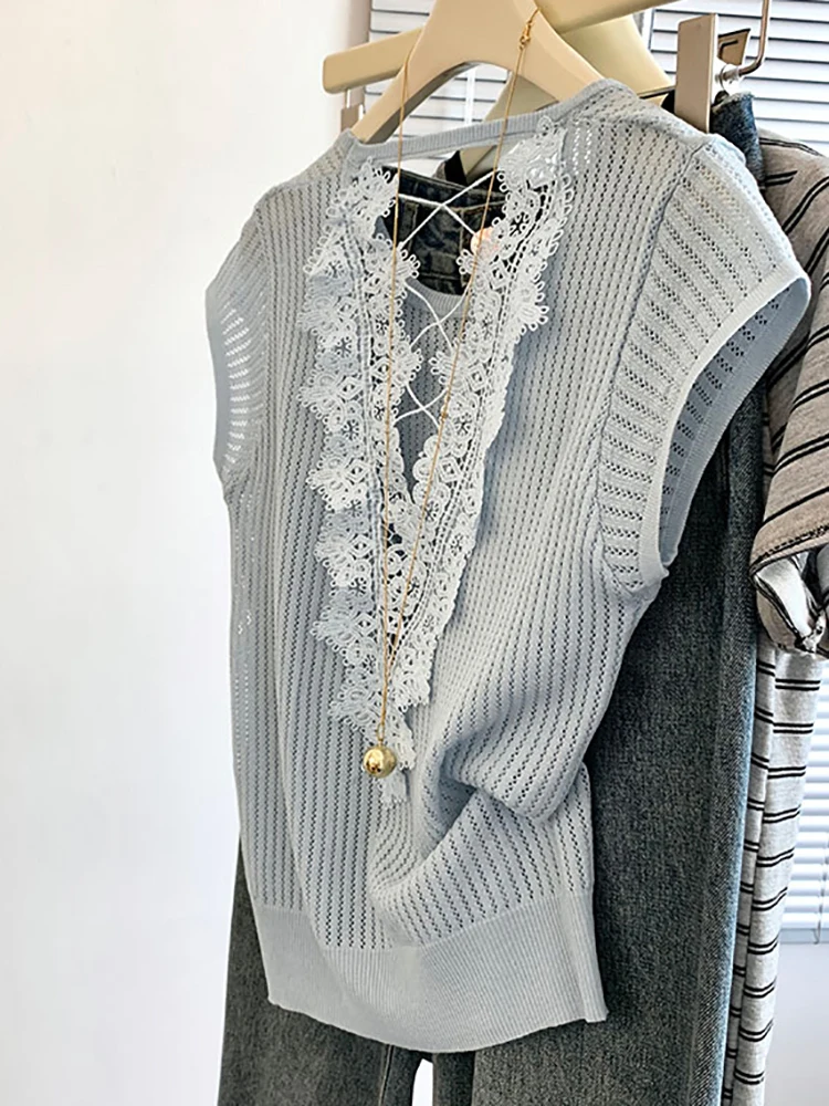 

New Hollow out Lace Splice Bal Small Flng Sve Knitted Top Women's Summer Thin Korean Sle Straight Cut Silk Blend